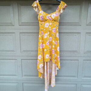 Cottagecore Floral High Low Dress Yellow Pink Boho Flutter Sleeve S As U Wish